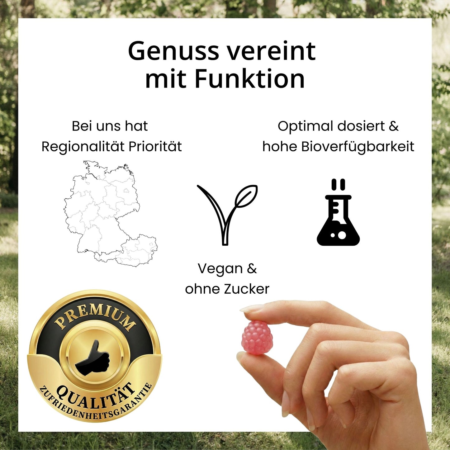Infografik zu den evoVital Qualitätsmerkmalen: Vegane Premium-Gummies ohne Zuckerzusatz mit Himbeergeschmack, hergestellt aus laborgeprüften Rohstoffen, mit Zufriedenheitsgarantie.