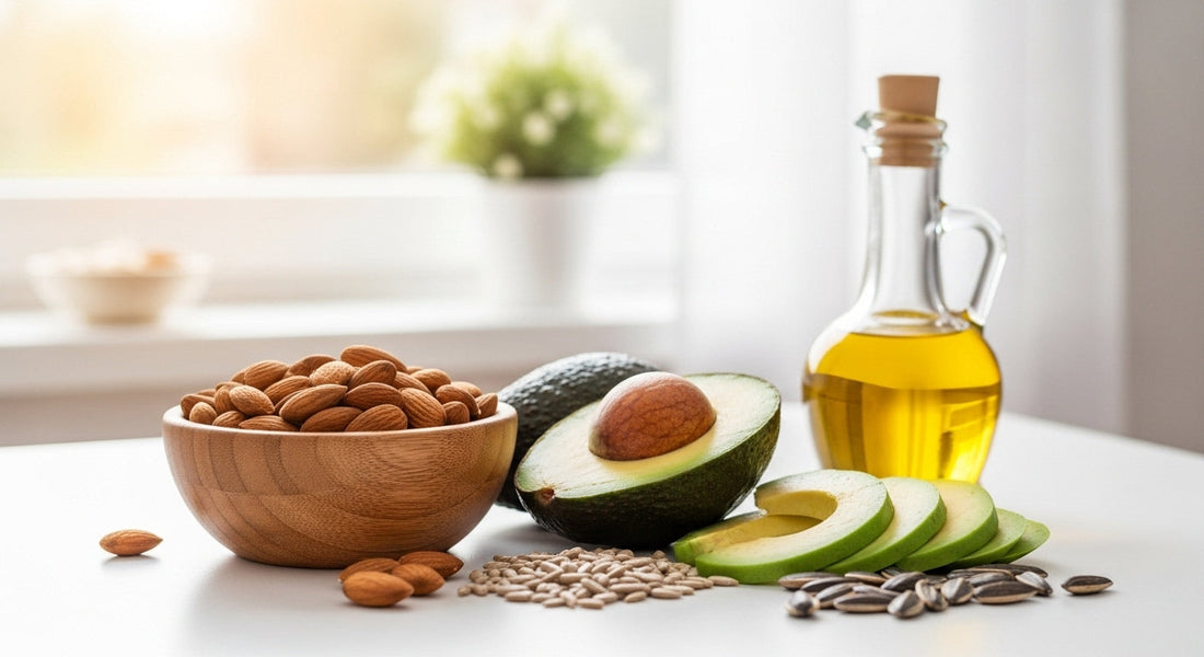 Verschiedene Lebensmittel reich an Vitamin E wie Mandeln, Avocados und Sonnenblumenkerne auf einem hellen Tisch für natürlichen Zellschutz und Anti-Aging.