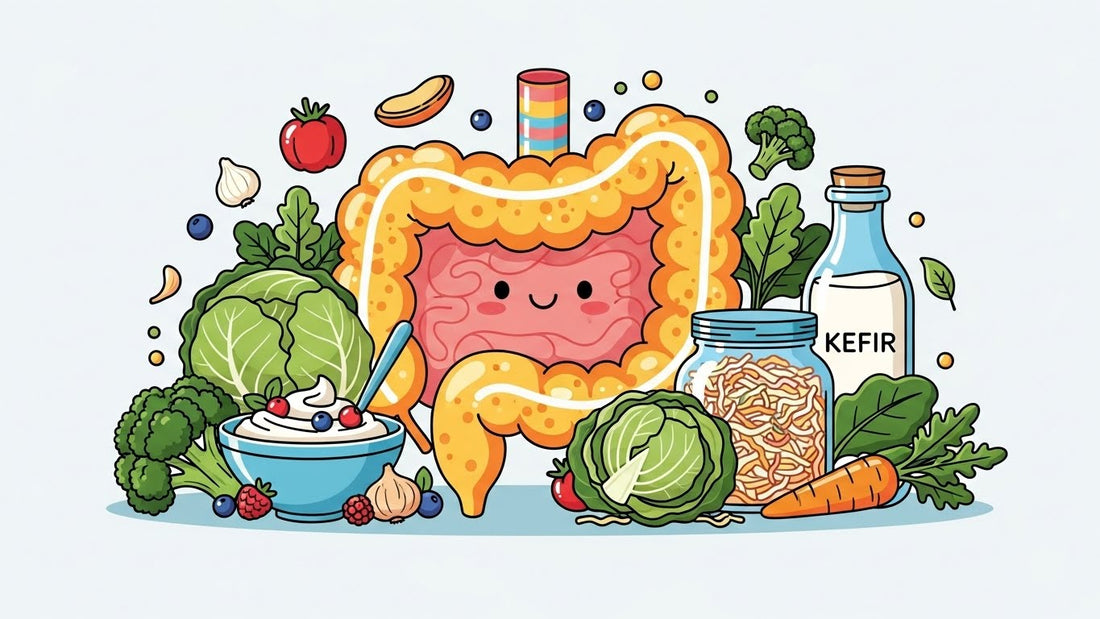 Gesunder Darm mit Probiotika-Lebensmitteln wie Joghurt, Sauerkraut und Kefir – fördert Darmgesundheit, Energie und Wohlbefinden.