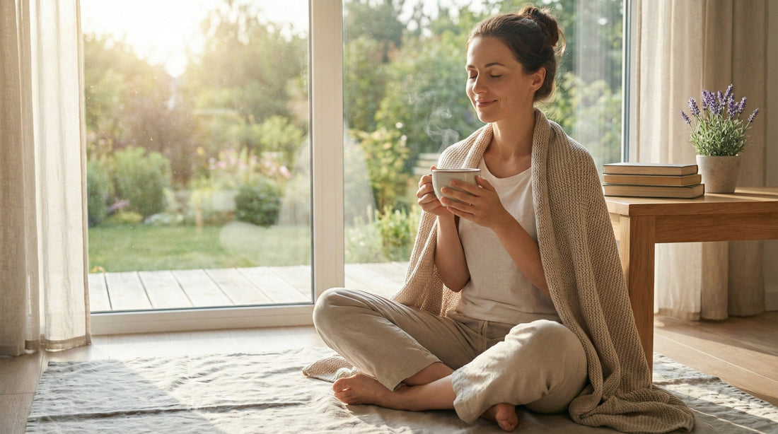 Entspannte Frau am Fenster mit einer Tasse Tee, symbolisch für innere Ruhe durch Ashwagandha-Wurzelextrakt.