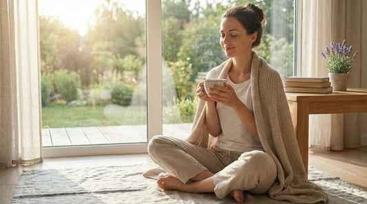 Entspannte Frau am Fenster mit einer Tasse Tee, symbolisch für innere Ruhe durch Ashwagandha-Wurzelextrakt.