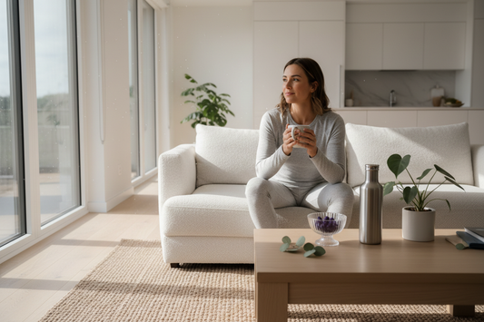 Lifestyle-Aufnahme einer entspannten Frau in modernem Wohnzimmer mit Magnesium Gummies von evoVital auf Couchtisch – Premium-Nahrungsergänzung für Energie, Muskelfunktion und innere Ruhe im Alltag