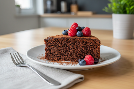 Vorderansicht: Saftiges Stück Schoko-Proteinkuchen auf weißem Teller mit frischen Beeren, hergestellt mit hochdosiertem Molke Protein Schokolade – gesundes Fitness-Rezept zum Abnehmen