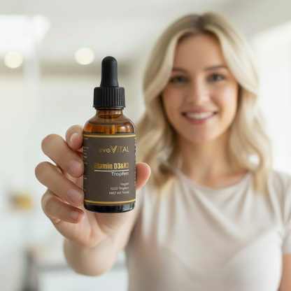 Vitamin D3 und K2 Tropfen in der Hand
