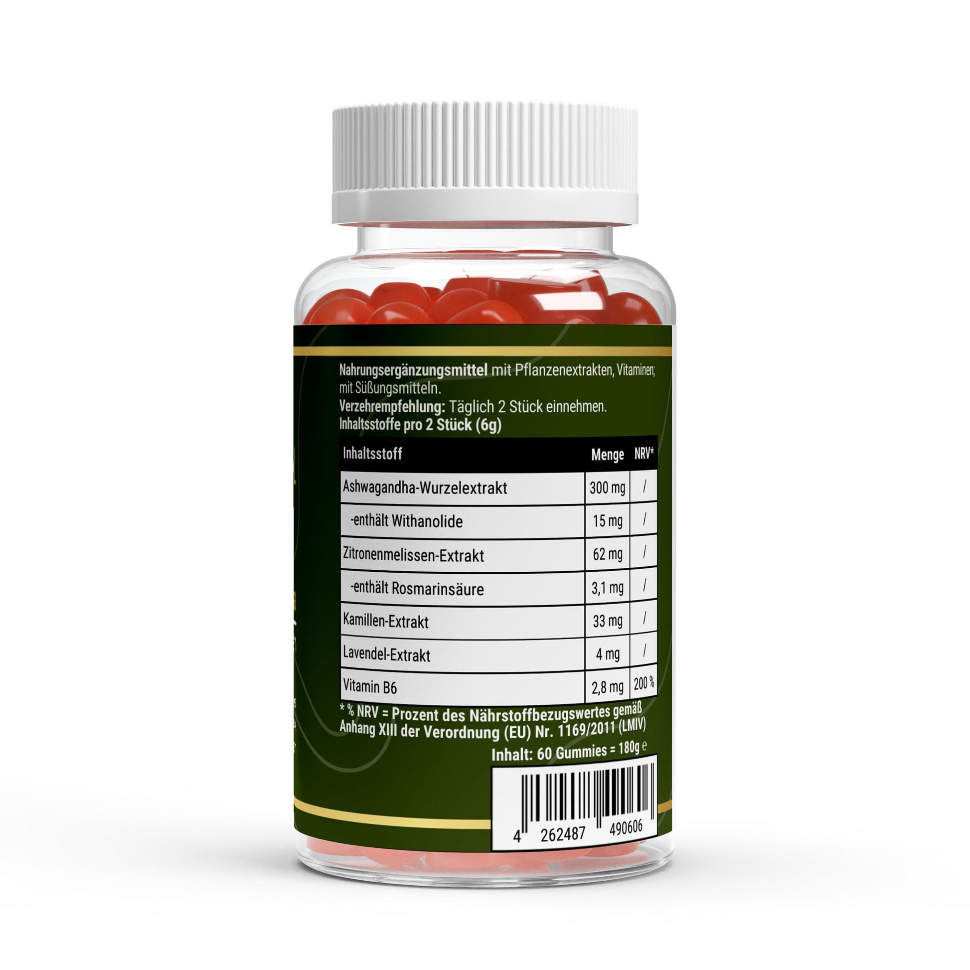 Transparente Übersicht der Inhaltsstoffe pro Portion: Ashwagandha-Extrakt und Vitamin B6 in veganen Gummies ohne Zuckerzusatz.