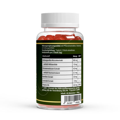 Transparente Übersicht der Inhaltsstoffe pro Portion: Ashwagandha-Extrakt und Vitamin B6 in veganen Gummies ohne Zuckerzusatz.