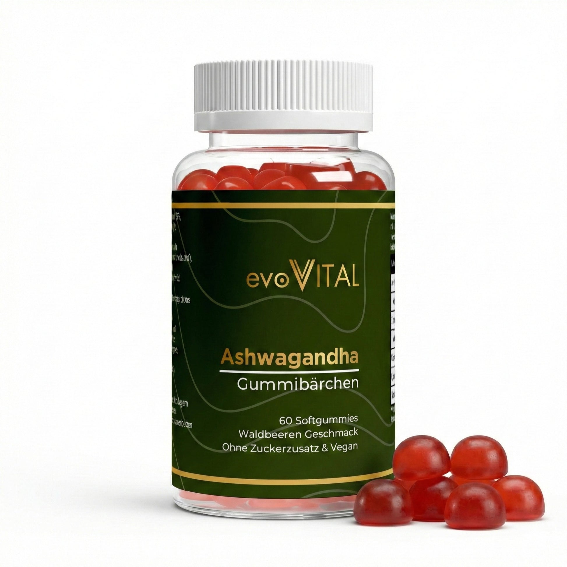 Vorderansicht der evoVital Ashwagandha-Gummies-Dose mit 60 veganen Gummibärchen in Beeren-Geschmack, zuckerfrei mit Vitamin B6 für 30 Portionen.