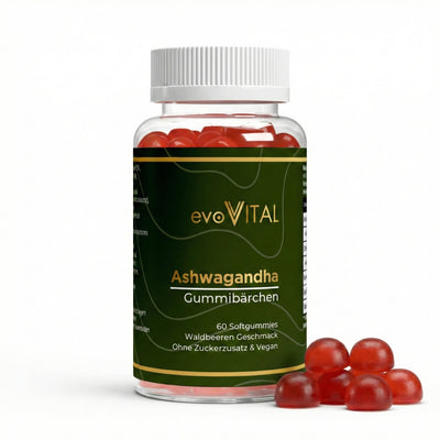 Vorderansicht der evoVital Ashwagandha-Gummies-Dose mit 60 veganen Gummibärchen in Beeren-Geschmack, zuckerfrei mit Vitamin B6 für 30 Portionen.