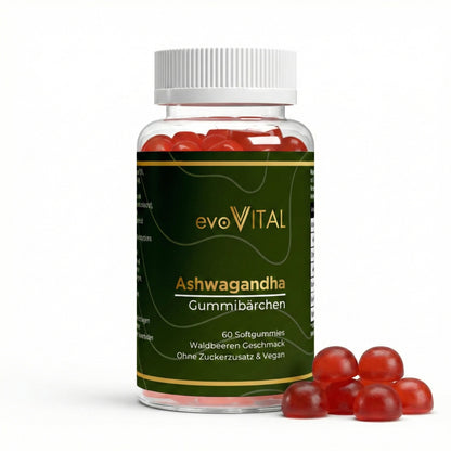 Vorderansicht der evoVital Ashwagandha-Gummies-Dose mit 60 veganen Gummibärchen in Beeren-Geschmack, zuckerfrei mit Vitamin B6 für 30 Portionen.