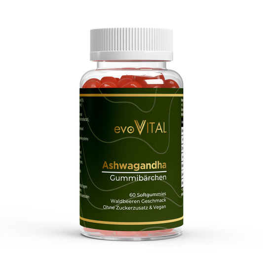Vorderansicht der evoVital Ashwagandha-Gummies-Dose mit 60 veganen Gummibärchen in Beeren-Geschmack, zuckerfrei mit Vitamin B6 für 30 Portionen.