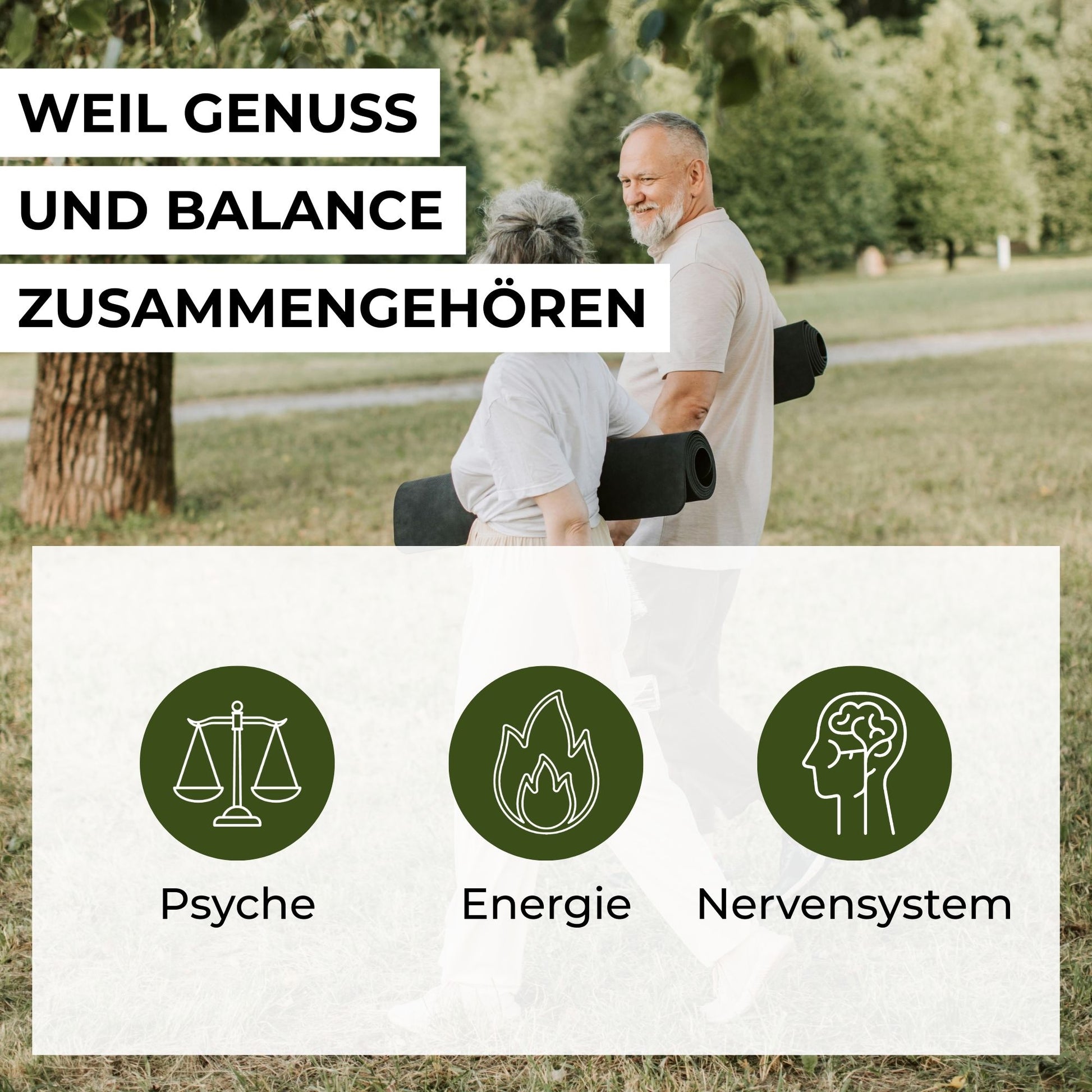 Infografik zu den Vorteilen der Ashwagandha-Gummies: Unterstützung für Nervensystem, psychische Funktion, Energiestoffwechsel und Verringerung von Müdigkeit.