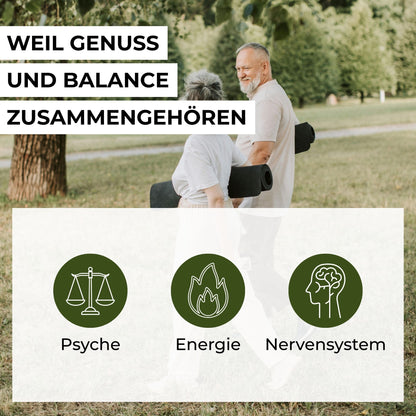 Infografik zu den Vorteilen der Ashwagandha-Gummies: Unterstützung für Nervensystem, psychische Funktion, Energiestoffwechsel und Verringerung von Müdigkeit.
