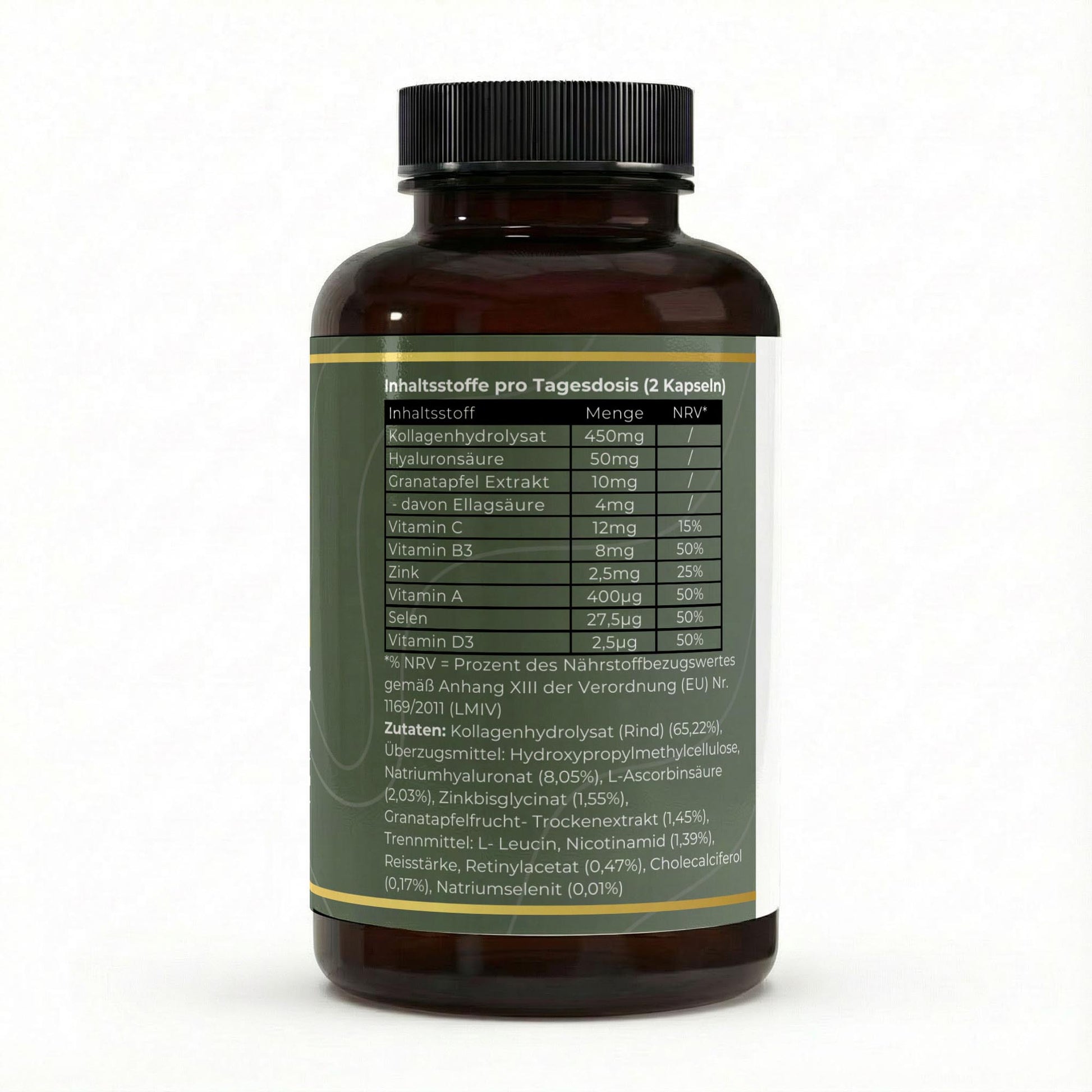 Transparente Übersicht der bioverfügbaren Inhaltsstoffe zur Förderung der Hautelastizität, darunter Kollagenpeptide, Hyaluronsäure, Vitamin C und Zinkbisglycinat.