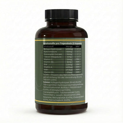 Transparente Übersicht der bioverfügbaren Inhaltsstoffe zur Förderung der Hautelastizität, darunter Kollagenpeptide, Hyaluronsäure, Vitamin C und Zinkbisglycinat.