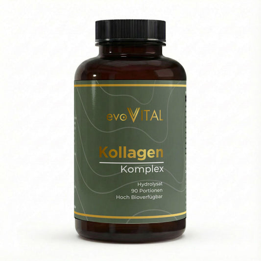 Vorderansicht der evoVital Braunglasflasche mit 180 hochdosierten Kollagen-Kapseln aus Rinderkollagenhydrolysat, Hyaluronsäure, Vitamin C und Zink.