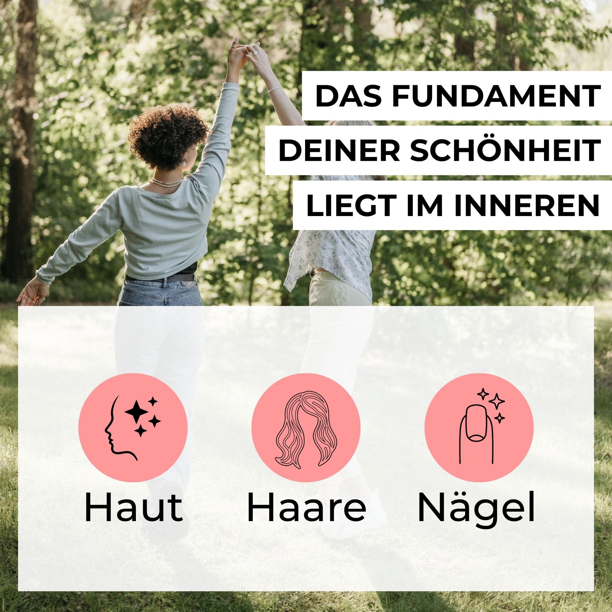 Infografik zu den Vorteilen des Anti-Aging-Supplements: Gezielte Unterstützung für Hautelastizität, Haare und Nägel durch Kollagen, Hyaluronsäure und Vitamin C.