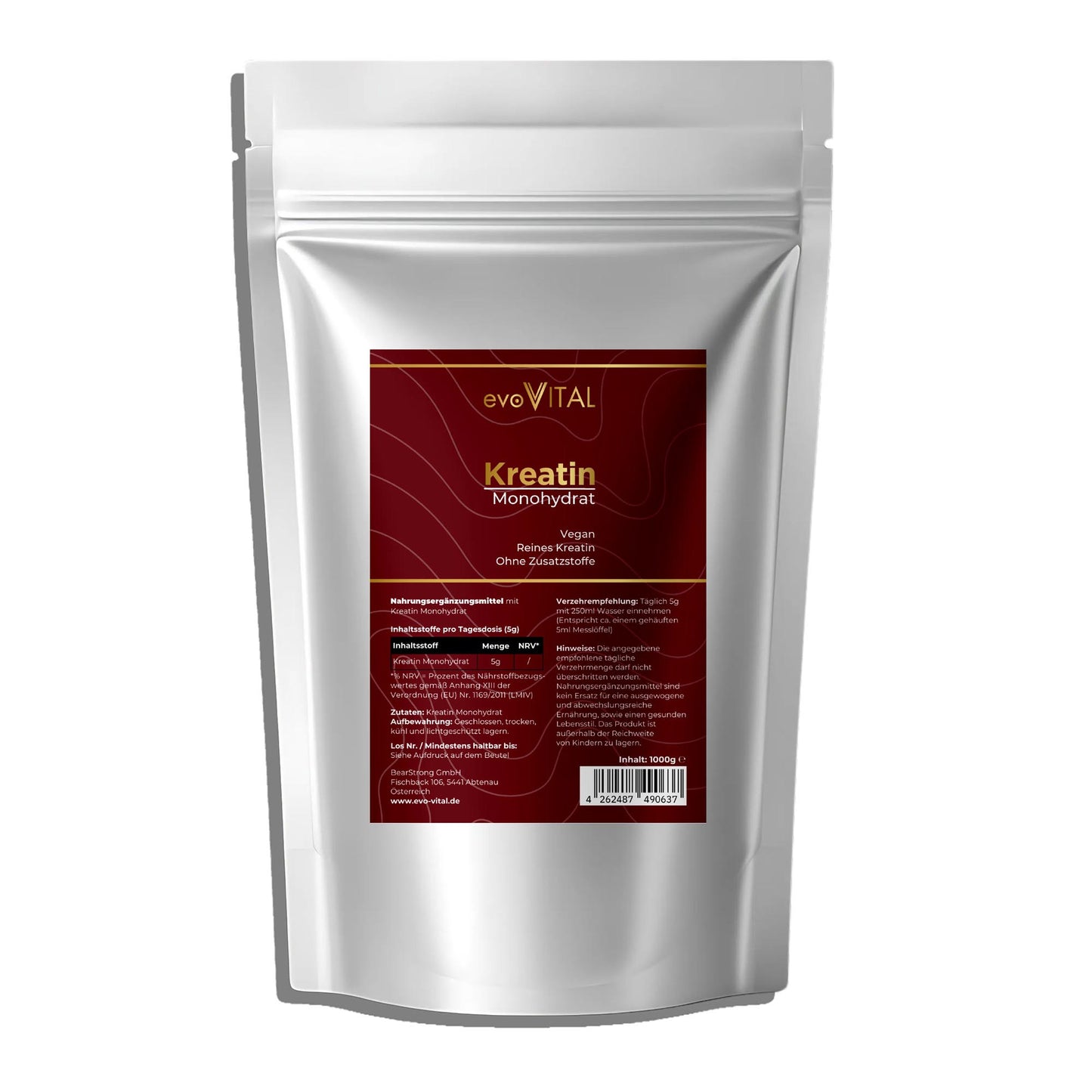 Vorderansicht des evoVital Kreatin-Monohydrat-Doypacks mit 1kg reinem hochdosiertem Kreatin-Pulver, vegan und ohne Zusätze für 200 Portionen.