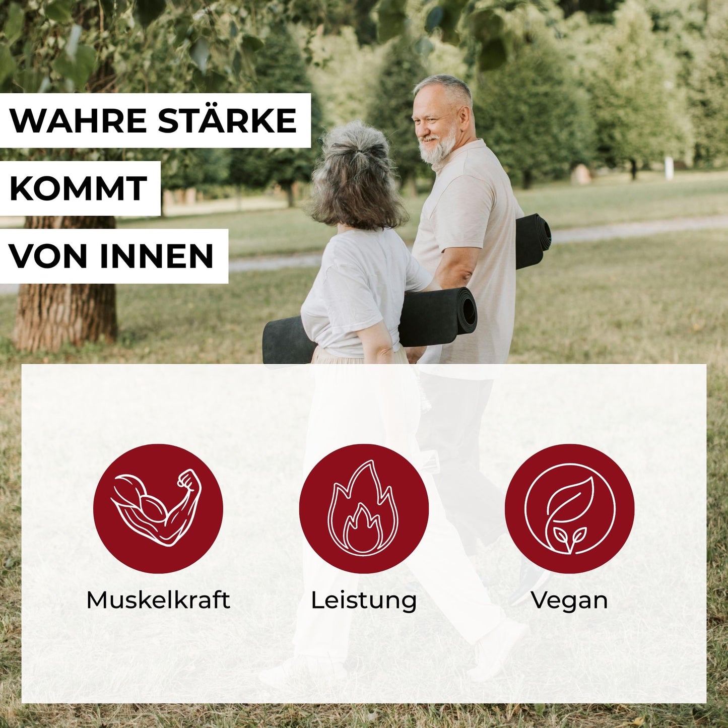 Infografik zu den Vorteilen von Kreatin-Monohydrat: Steigerung der körperlichen Leistung bei Schnellkraft und Unterstützung der Muskelkraft im Alter.