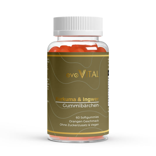 Vorderansicht der evoVital Kurkuma & Ingwer Gummies-Dose mit 120 veganen Gummibärchen in Orangen-Geschmack, zuckerfrei mit Piperin für 60 Portionen.