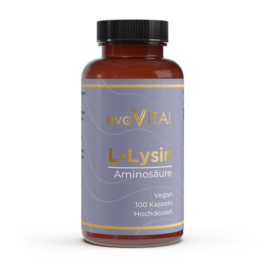 Vorderansicht der evoVital Braunglasflasche mit 100 hochdosierten L-Lysin-Kapseln à 800mg, vegane essentielle Aminosäure in Premiumqualität.
