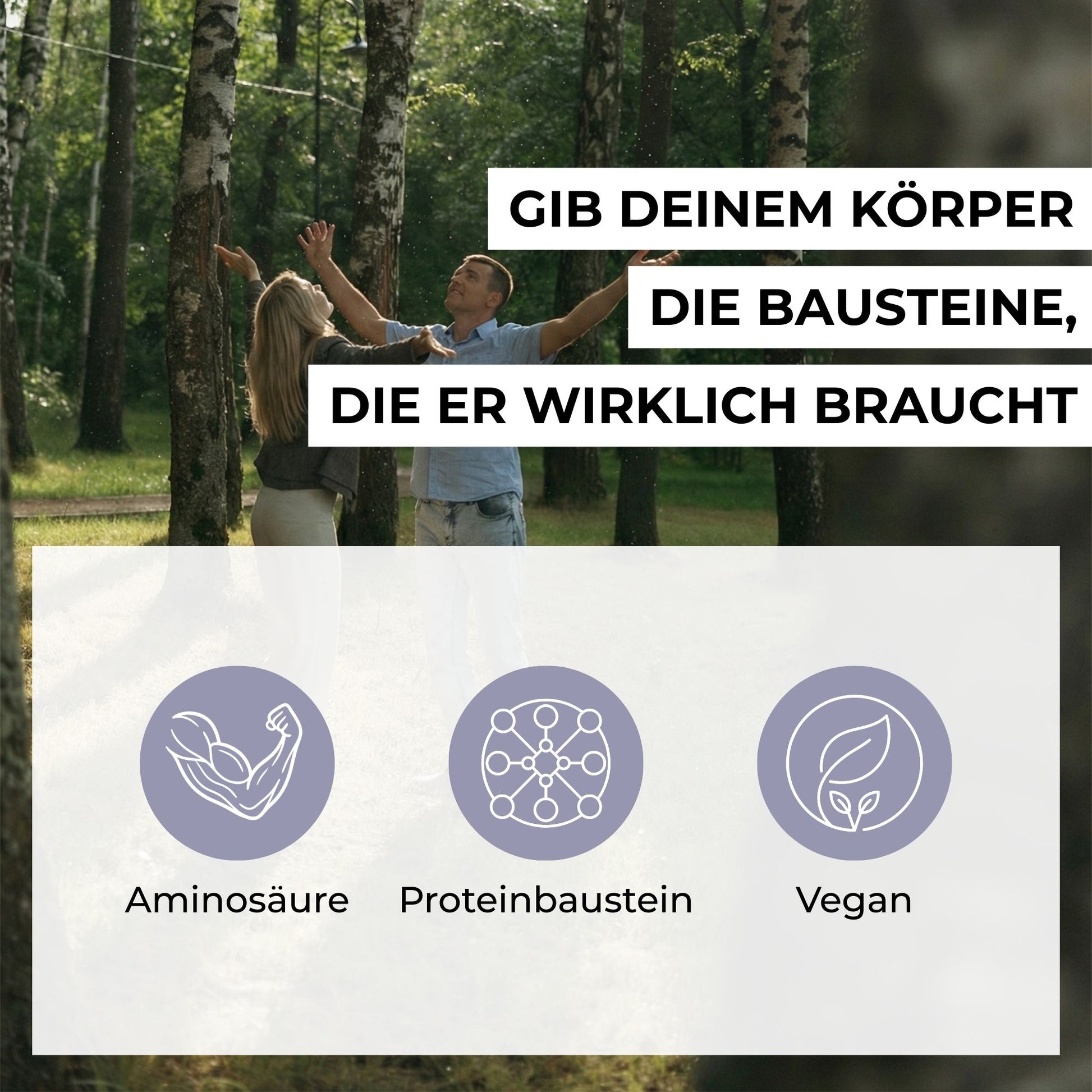 Infografik zu L-Lysin: Essentielle Aminosäure als natürlicher Baustein körpereigener Proteine, hochdosiert mit 800mg pro Tagesdosis in veganen Kapseln.
