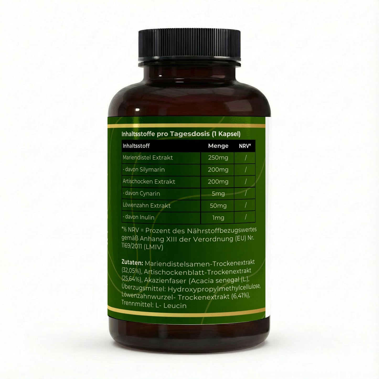 Transparente Übersicht der pflanzlichen Inhaltsstoffe pro Portion: Hochdosierte Extrakte aus Mariendistel, Artischocke und Löwenzahn in veganen Kapseln.