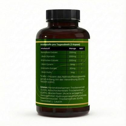 Transparente Übersicht der pflanzlichen Inhaltsstoffe pro Portion: Hochdosierte Extrakte aus Mariendistel, Artischocke und Löwenzahn in veganen Kapseln.