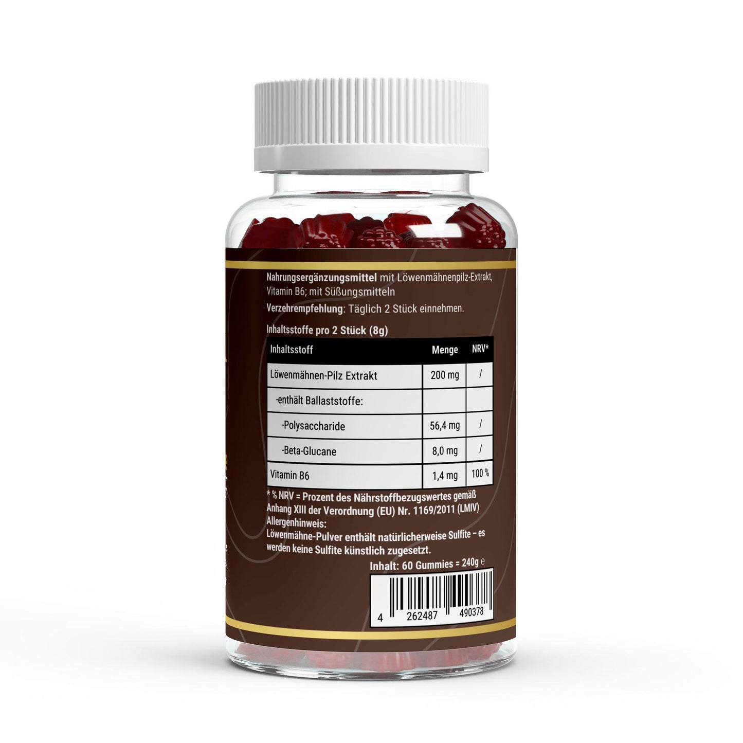 Transparente Übersicht der Inhaltsstoffe pro Portion: Löwenmähne-Pilzextrakt und Vitamin B6 in veganen Gummies ohne Zuckerzusatz.