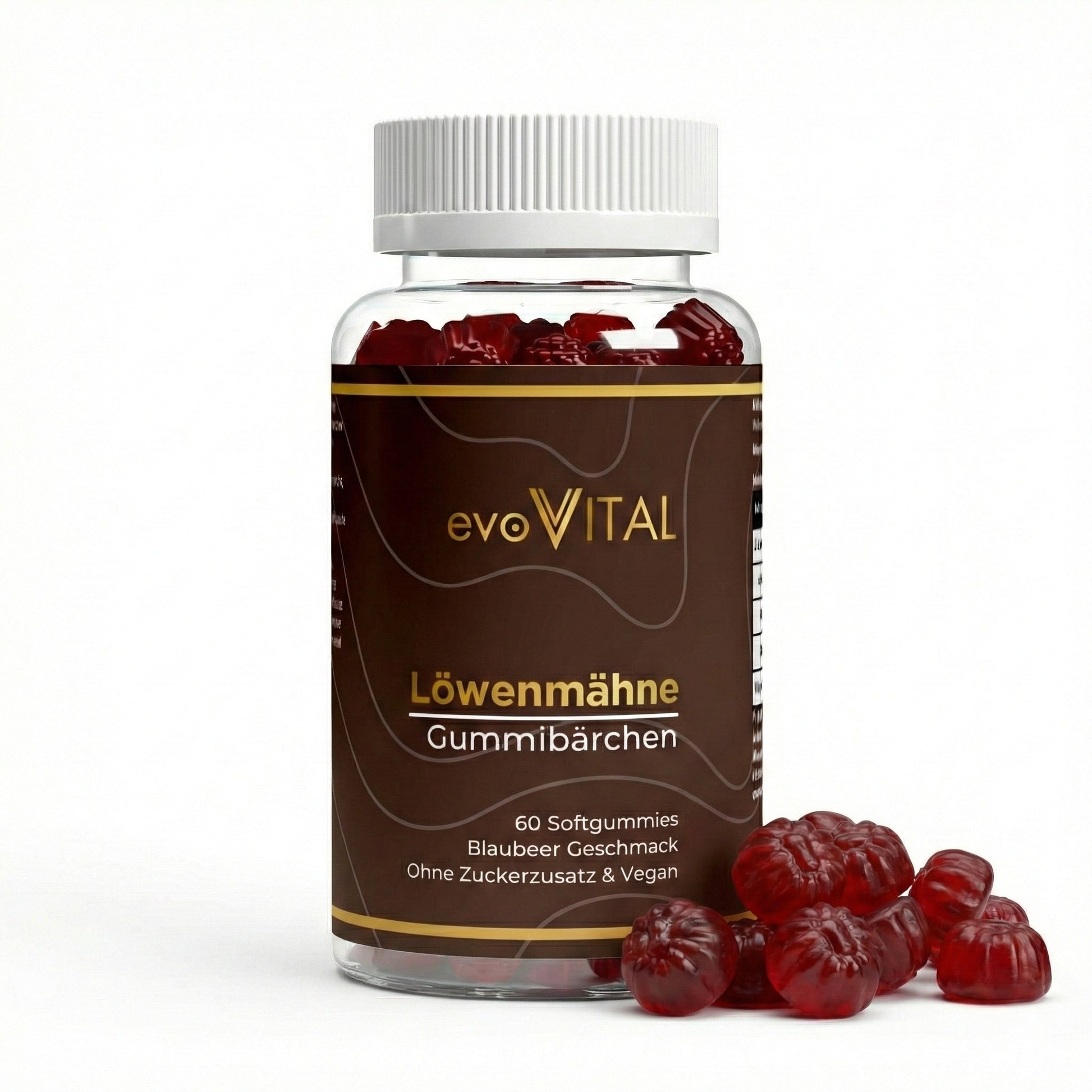 Vorderansicht der evoVital Löwenmähne-Gummies-Dose mit 60 veganen Gummibärchen in Blaubeeren-Geschmack, zuckerfrei mit Vitamin B6 für 30 Portionen.