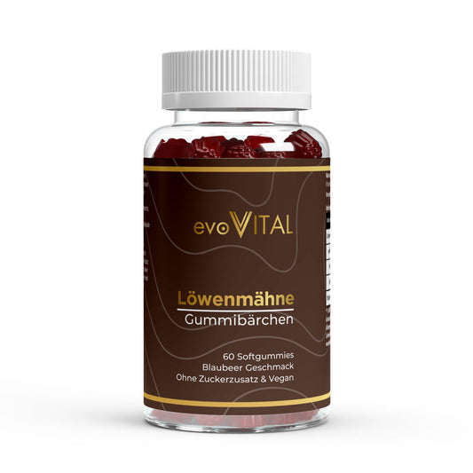 Vorderansicht der evoVital Löwenmähne-Gummies-Dose mit 60 veganen Gummibärchen in Blaubeeren-Geschmack, zuckerfrei mit Vitamin B6 für 30 Portionen.