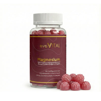 Vorderansicht der evoVital Magnesium Gummies mit 60 veganen Gummibärchen aus Magnesiumbisglycinat, Zink und Vitamin B6 ohne Zuckerzusatz.
