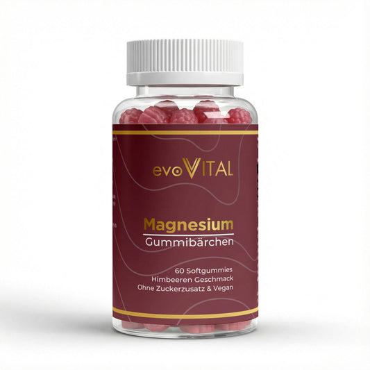 Vorderansicht der veganen Magnesium Softgummies von evoVital ohne Zuckerzusatz für eine bewusste und hochwertige Supplementierung im Premium-Segment.