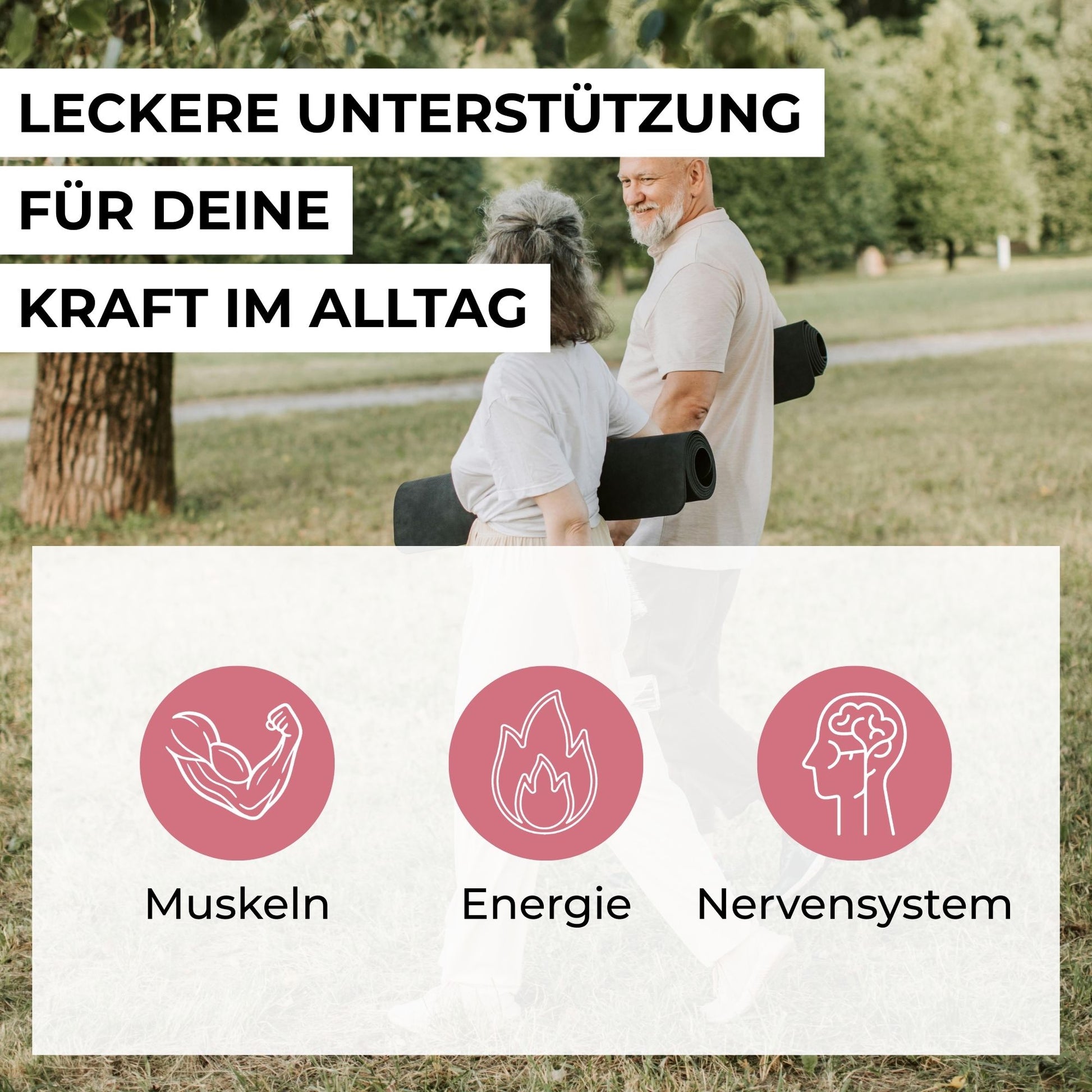 Infografik zu den Vorteilen der Magnesium Gummies: Unterstützung für normale Muskelfunktion, Nervensystem und Energiestoffwechsel durch Magnesium, Zink und Vitamin B6.