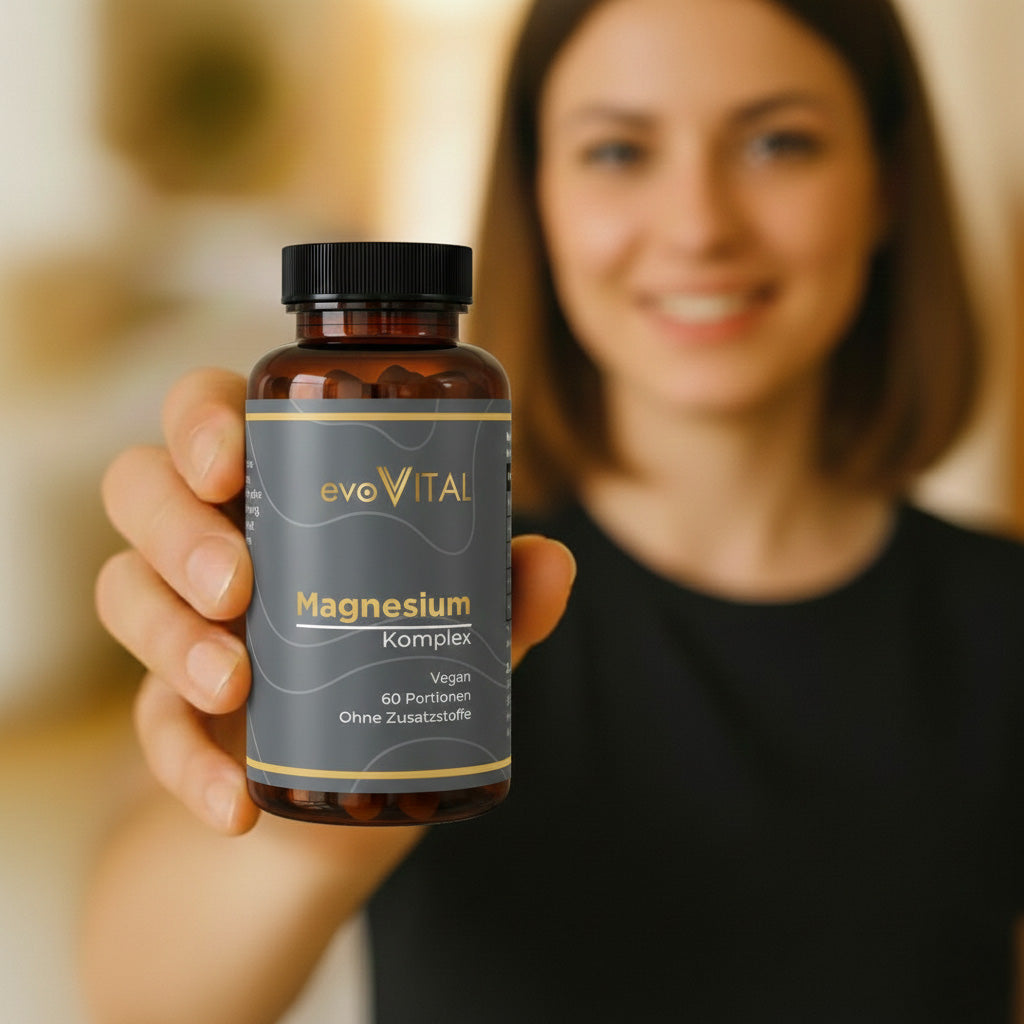 Eine Hand hält die Braunglasflasche des Magnesium-Komplexes mit 4 optimal bioverfügbaren Formen für Muskeln, Nerven und Energie – 60 Portionen.