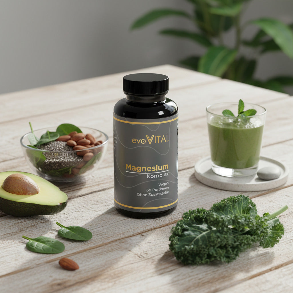 Lifestyle-Aufnahme: Die Dose des Magnesium-Komplexes am Tisch als tägliches Supplement für Muskeln, Nerven und Vitalität.