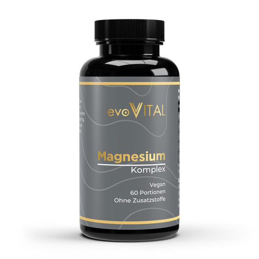 Vorderansicht der evoVital Dose mit 60 hochdosierten Magnesium-Komplex-Tabletten aus 4 bioverfügbaren Magnesiumformen, vegan und ohne Zusätze.