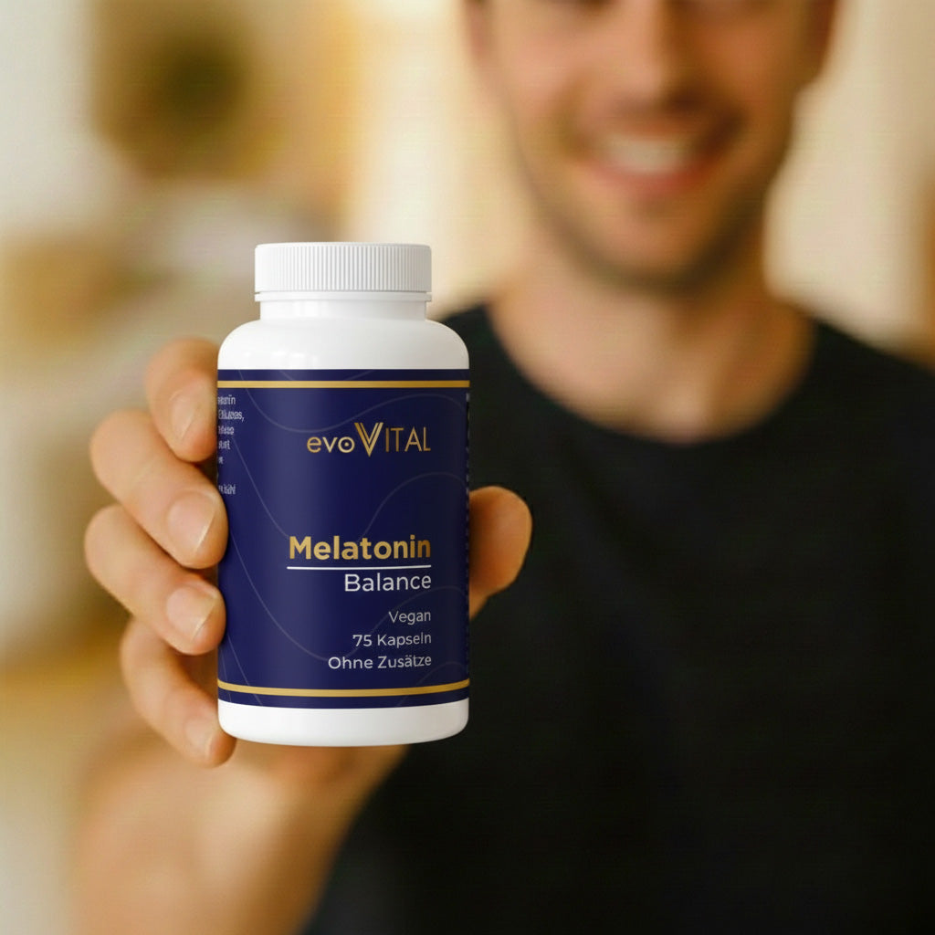 Eine Hand hält die Supplement-Dose der Melatonin-Kapseln mit natürlichem Schlafhormon für erholsamen Schlaf und Jetlag-Linderung – 75 Portionen.