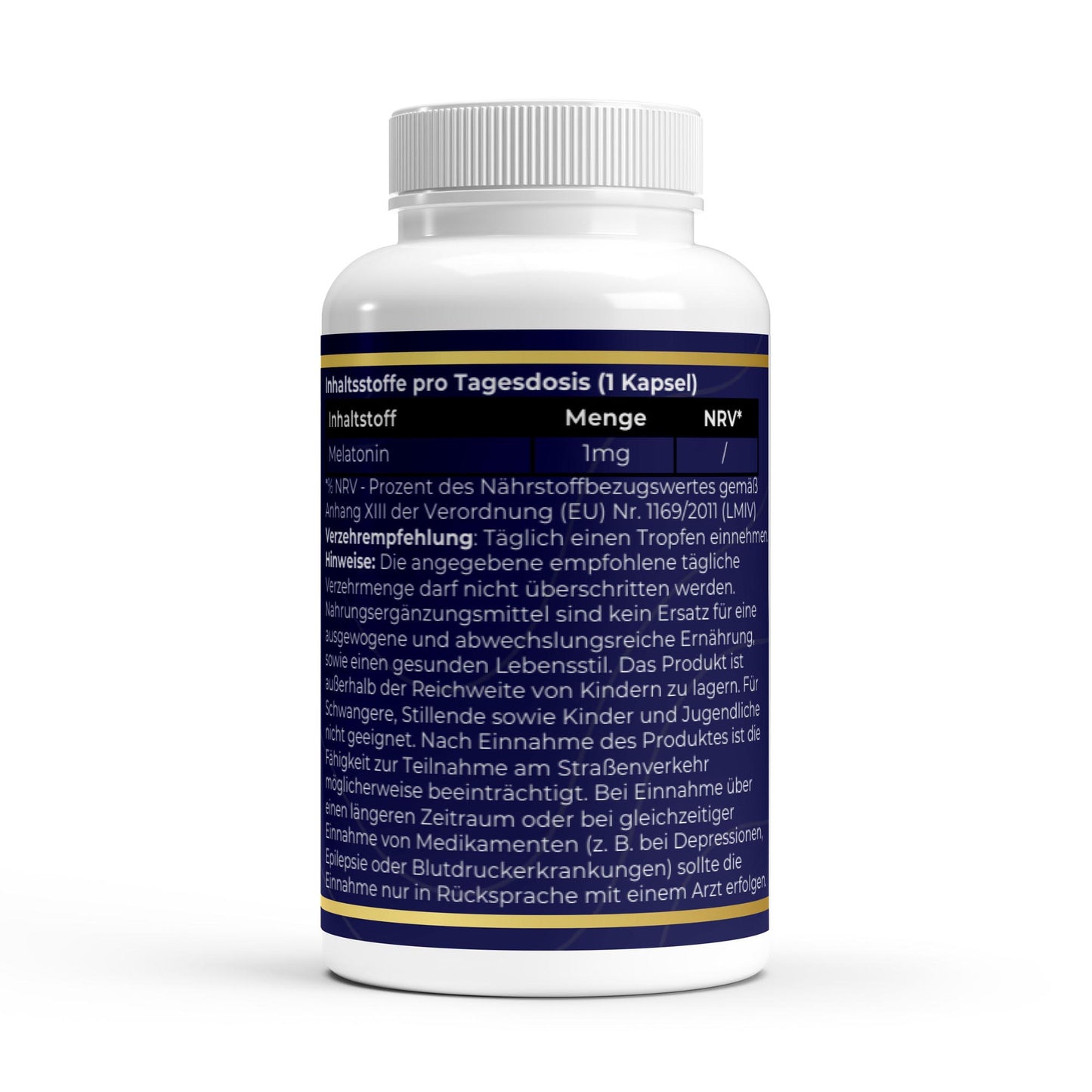 Transparente Übersicht der Inhaltsstoffe pro Portion: Hochdosiertes Melatonin in veganen Kapseln für optimale Bioverfügbarkeit ohne Zusatzstoffe.