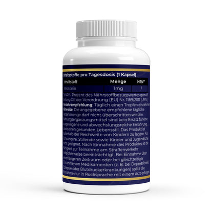 Transparente Übersicht der Inhaltsstoffe pro Portion: Hochdosiertes Melatonin in veganen Kapseln für optimale Bioverfügbarkeit ohne Zusatzstoffe.