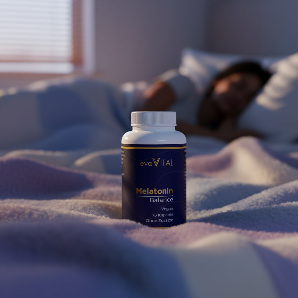 Lifestyle-Aufnahme: Die Melatonin-Kapseln im Schlafzimmer als natürliche Einschlafhilfe für erholsamen Schlaf und besseren Schlafrhythmus.