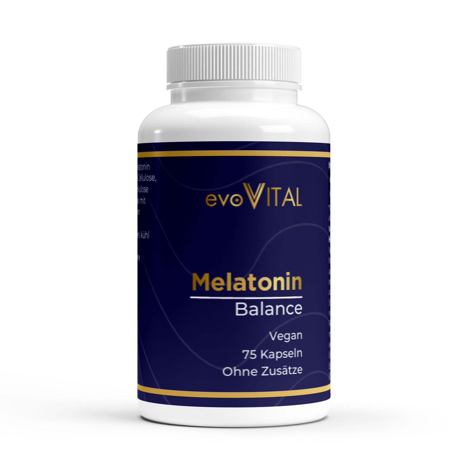 Vorderansicht der evoVital Dose mit 75 veganen Melatonin-Kapseln für schnelleres Einschlafen und Jetlag-Linderung, ohne Zusatzstoffe.