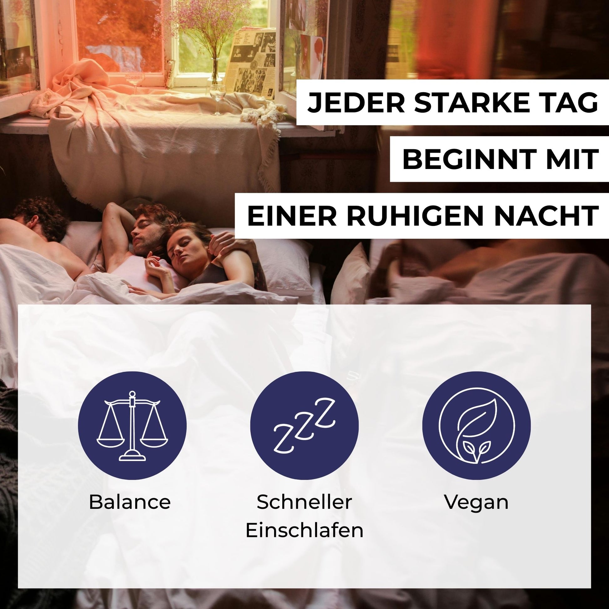 Infografik zu den Vorteilen von Melatonin: Verkürzung der Einschlafzeit und Linderung von Jetlag-Empfinden durch natürliches Schlafhormon.
