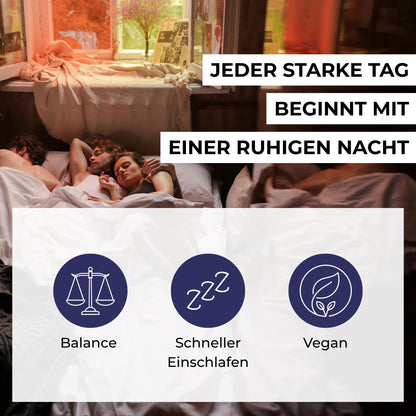 Infografik zu den Vorteilen von Melatonin: Verkürzung der Einschlafzeit und Linderung von Jetlag-Empfinden durch natürliches Schlafhormon.