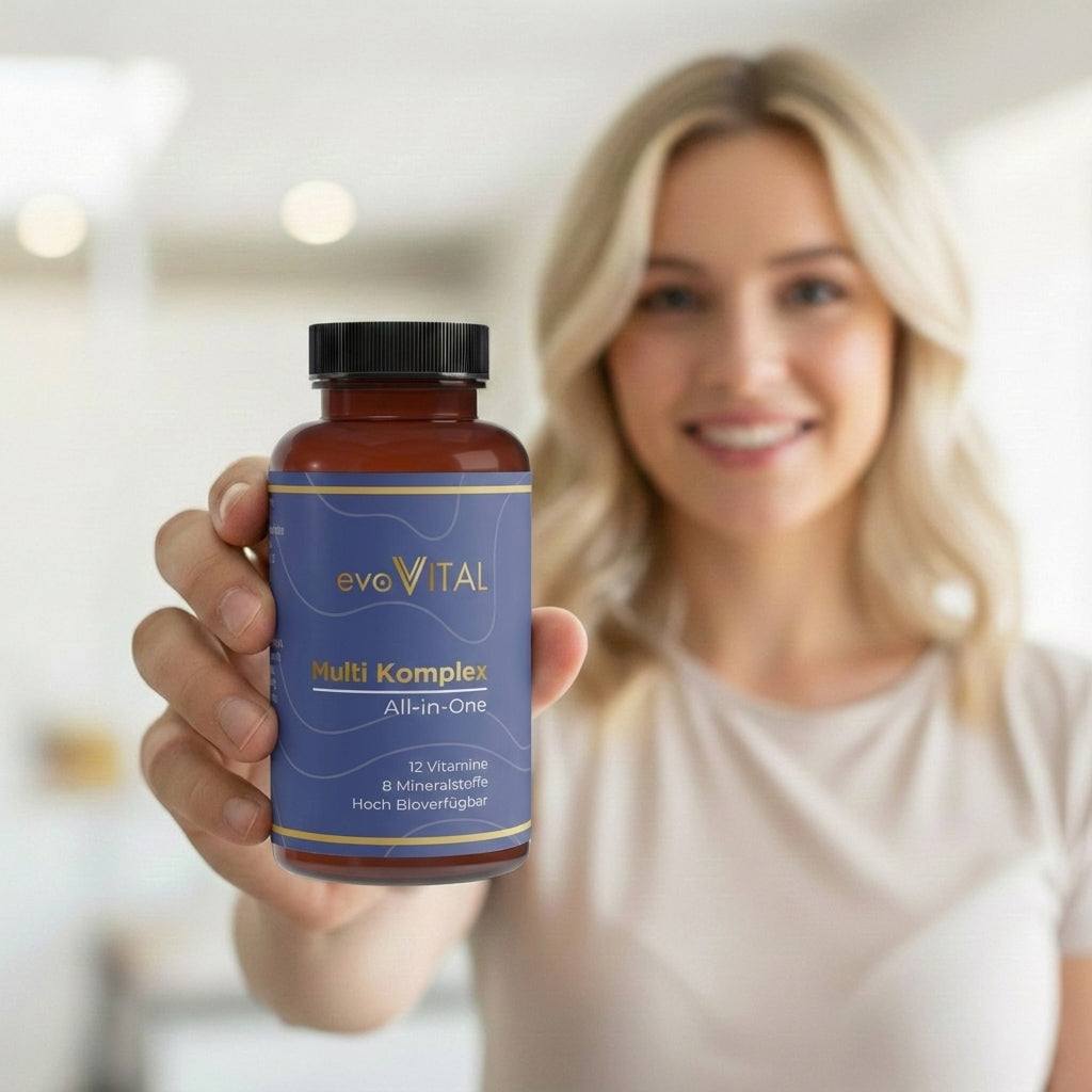 Eine Hand hält die Braunglasflasche des Multi-Komplex-Supplements mit 12 Vitaminen und 8 Mineralstoffen für Immunsystem und Energie – 120 Portionen.