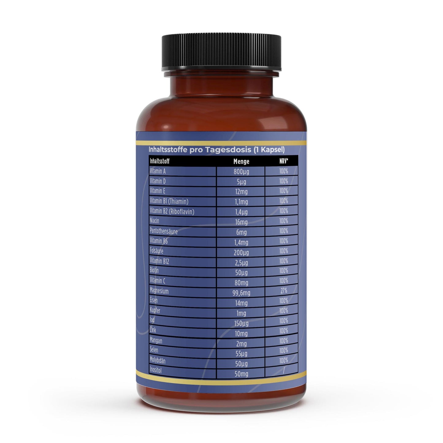 Transparente Übersicht der 12 Vitamine und 8 Mineralstoffe pro Portion: Perfekt dosierte All-in-One-Formel in hochwertigem Öl für optimale Aufnahme.