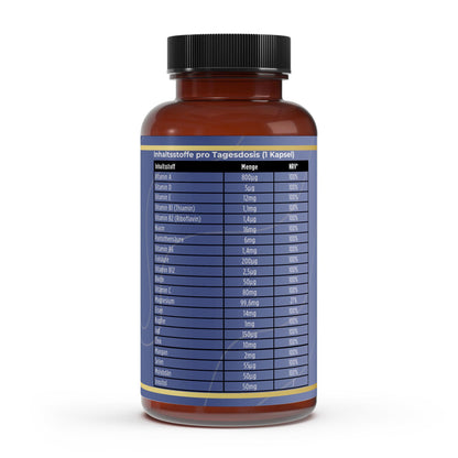 Transparente Übersicht der 12 Vitamine und 8 Mineralstoffe pro Portion: Perfekt dosierte All-in-One-Formel in hochwertigem Öl für optimale Aufnahme.
