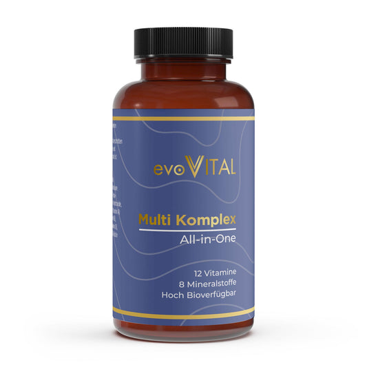 Vorderansicht der evoVital Braunglasflasche mit 120 hochdosierten Multi-Komplex-Softgel-Kapseln, 12 Vitamine und 8 Mineralstoffe in Öl gelöst für optimale Bioverfügbarkeit.