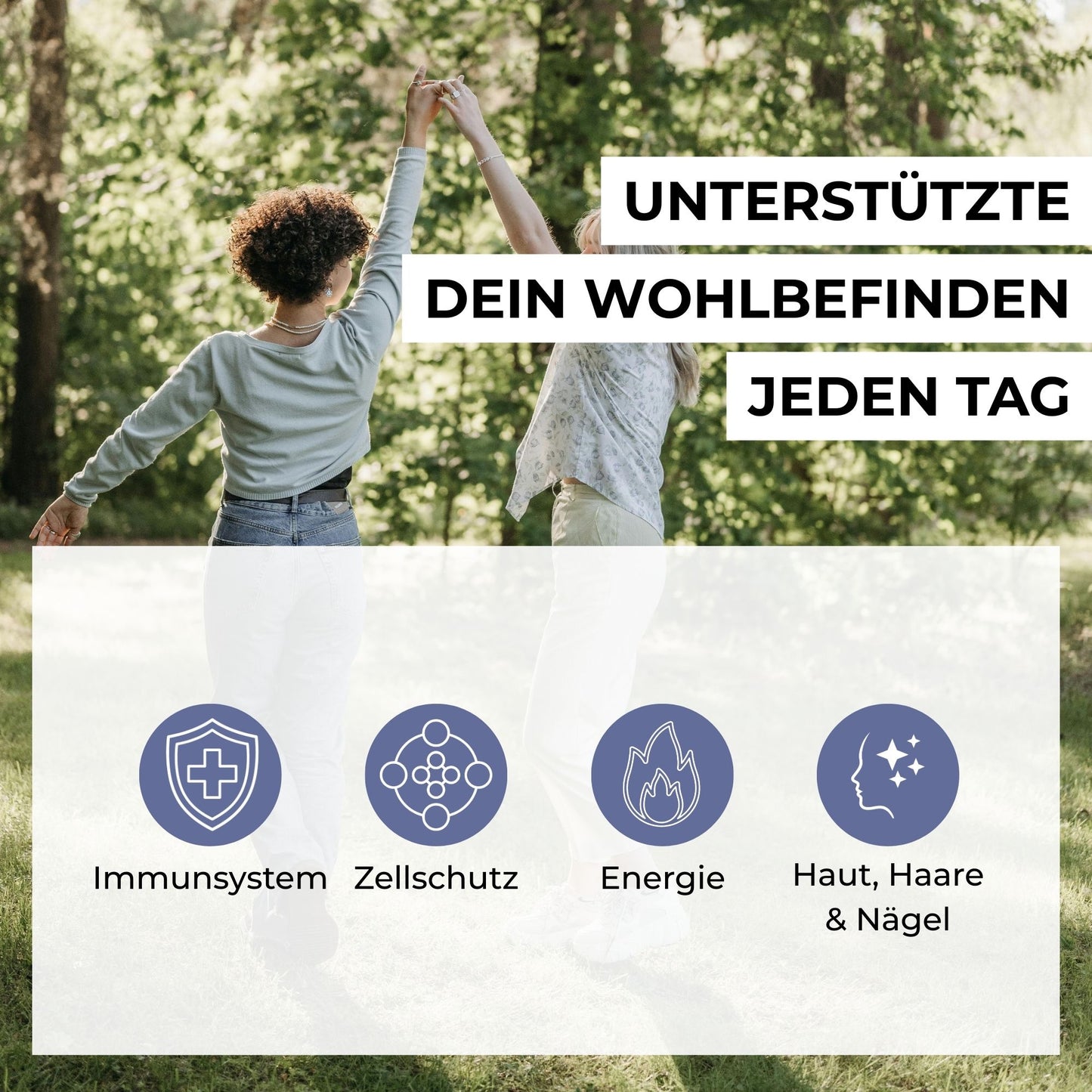 Infografik zu den Vorteilen des Multi-Komplexes: Unterstützung für Immunsystem, Energiestoffwechsel, Zellschutz und Verringerung von Müdigkeit durch 12 Vitamine und 8 Mineralstoffe.
