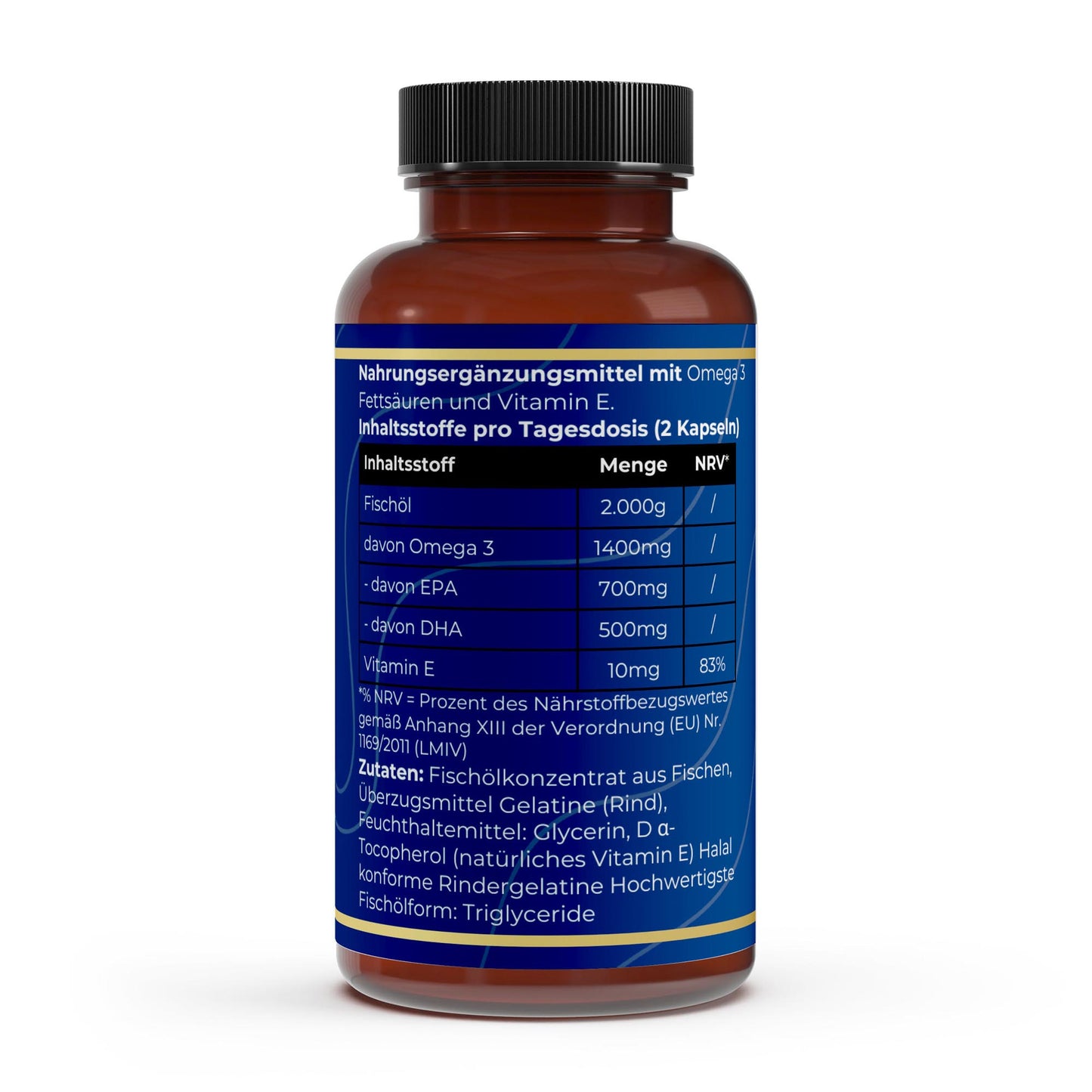 Transparente Übersicht der Inhaltsstoffe pro Portion: 1400mg Omega-3-Fettsäuren mit 700mg EPA und 500mg DHA in hochwertiger Triglycerid-Form.