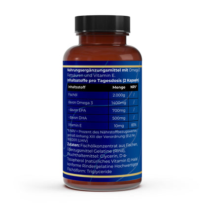 Transparente Übersicht der Inhaltsstoffe pro Portion: 1400mg Omega-3-Fettsäuren mit 700mg EPA und 500mg DHA in hochwertiger Triglycerid-Form.